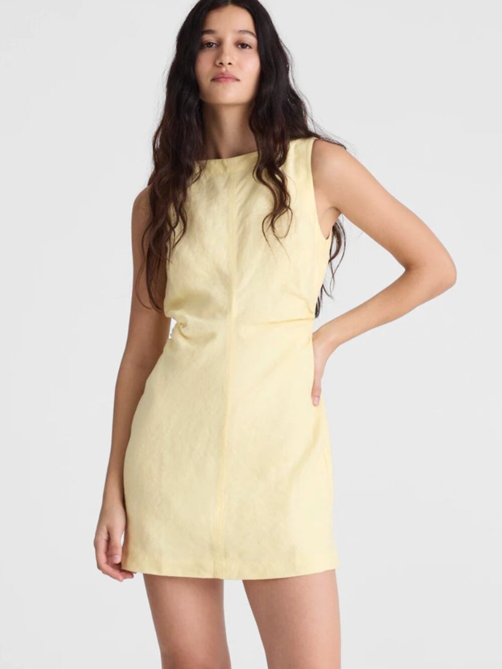 Madewell Boatneck Shirred Mini Dress 100% Linen Women's 2 Pale Yellow Sleeveless